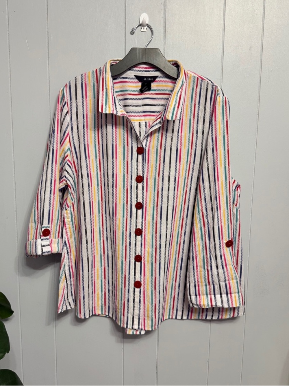 #16)  Ali Miles Multicolor Vertical Stripe Button-Down Shirt with Red Buttons